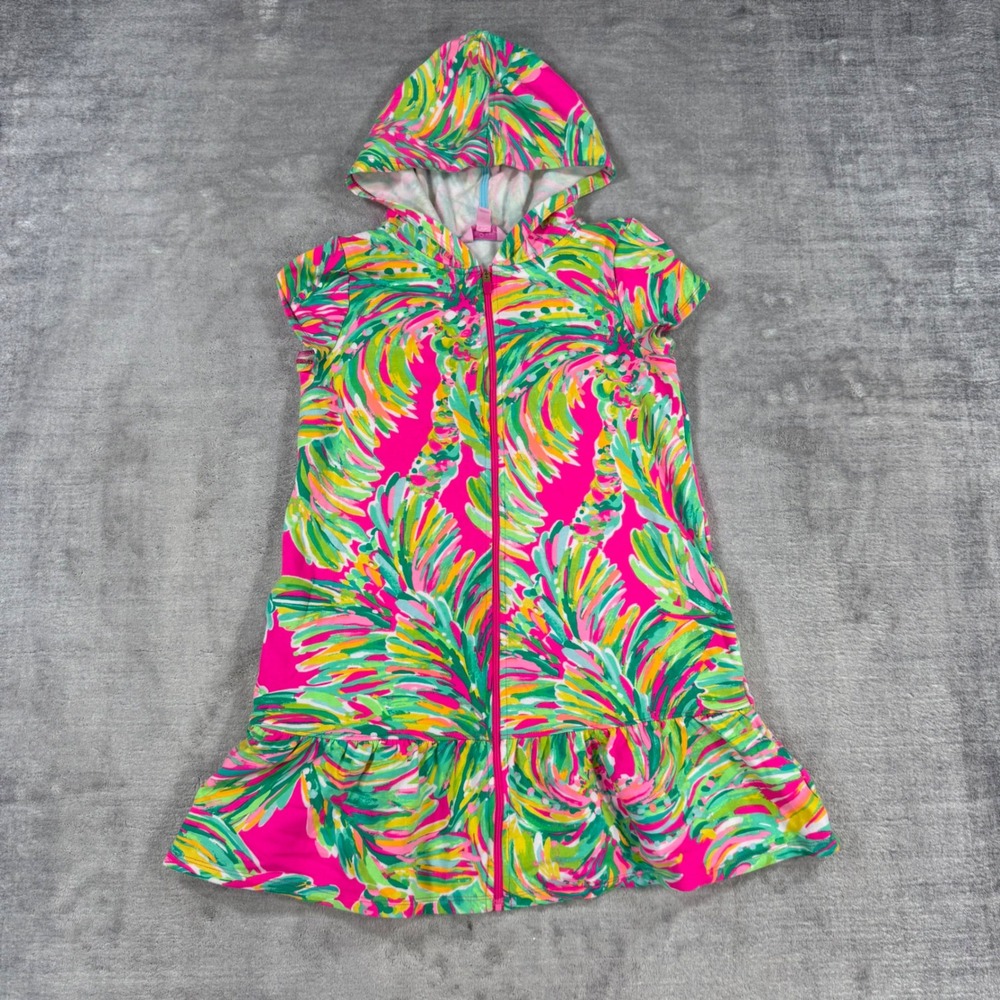 Lilly Pulitzer Dress Girls Large Pink Terry Cover Up Tropical Palm Zip Hooded